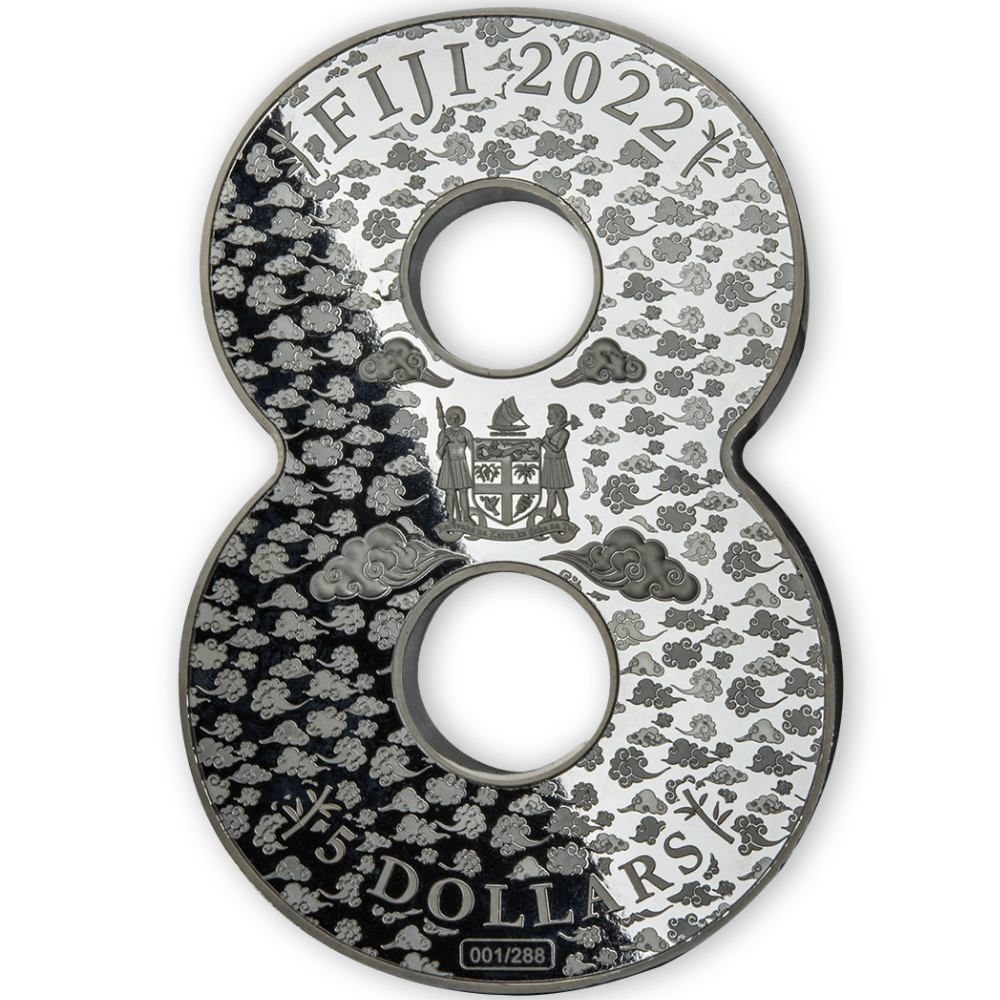 LUCKY EIGHT CHINESE PANDA 40th Anniversary 888g Silver Coin $5 Fiji 2022 - PARTHAVA COIN